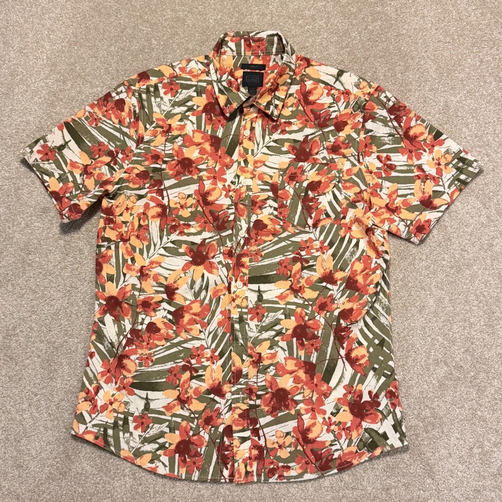 14th & Union Button‎ Down Mens Large Orange Floral Trim Fit Short Sleeve Shirt
